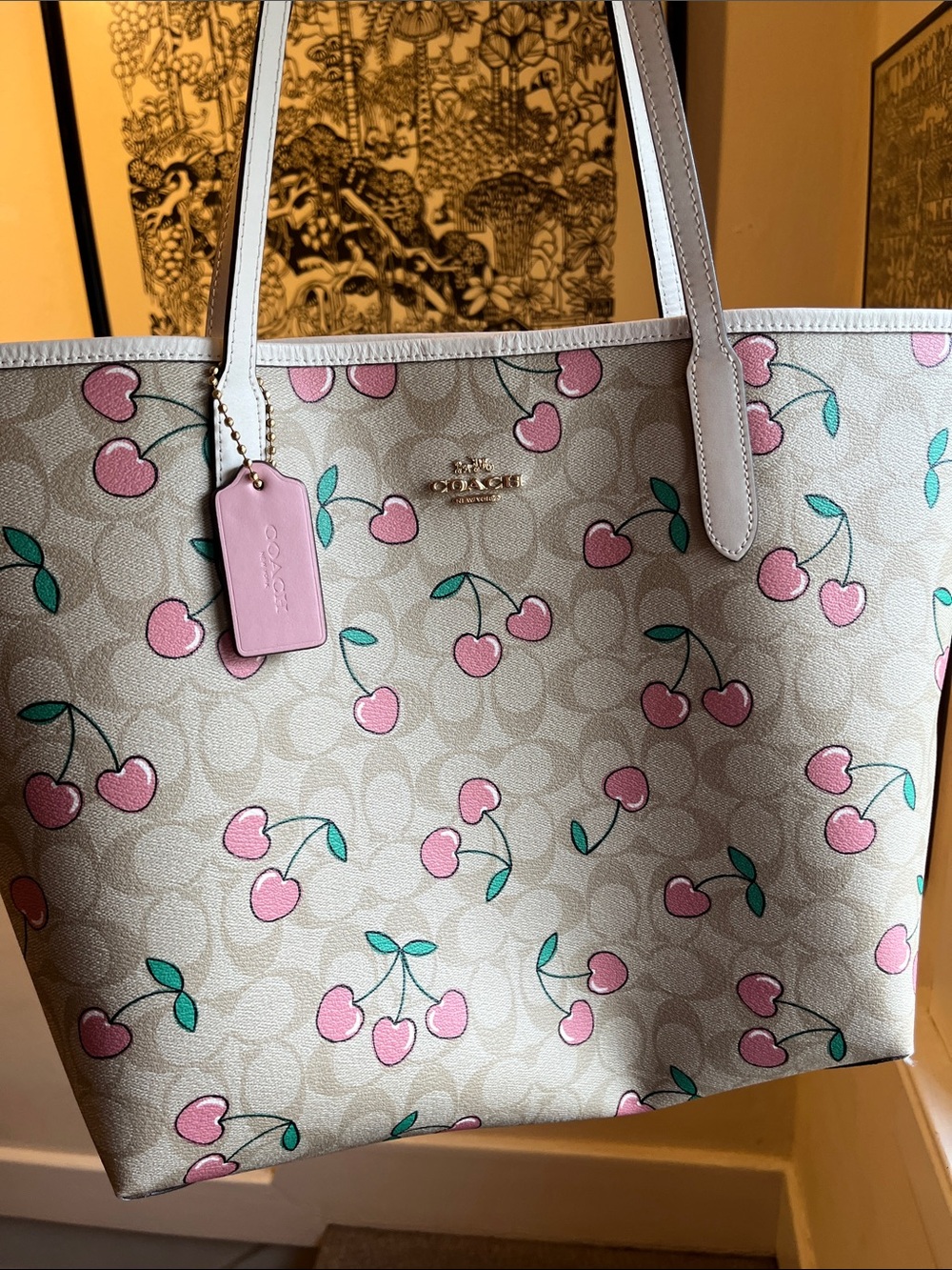 Coach Outlet Cherry-Print Signature Tote in Pink
